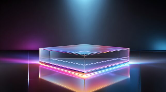 Abstract geometric cube illuminated by colorful neon lights in a futuristic setting with a reflective surface