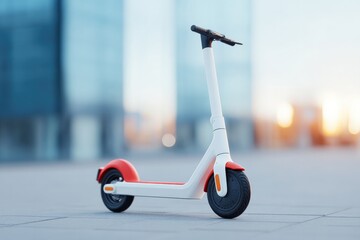 Poster - image of single electric scooter parked on city sidewalk surrounded by modern urban landscape