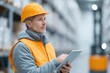 © Сергей Захаров - minimalist shot of single warehouse worker scanning barcodes with handheld device forklift in background