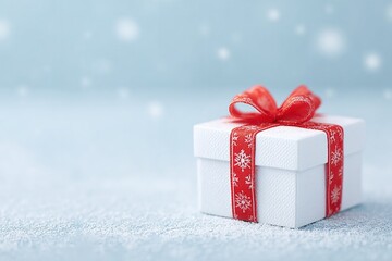 Poster - minimalist flat lay of white gift box with red ribbon placed on snowy textured surface copy space on top