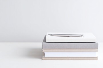 Poster - minimalistic desk setup with collection of neatly stacked notebooks and simple pen emphasizing clean approach to personal