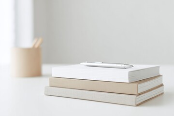 Poster - minimalistic desk setup with collection of neatly stacked notebooks and simple pen emphasizing clean approach to personal
