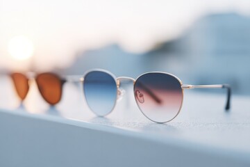 Poster - minimalistic display of assorted sunglasses resting on flat surface