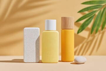 Poster - minimalistic display of bright promotional items against clean backdrop offering generous copy space