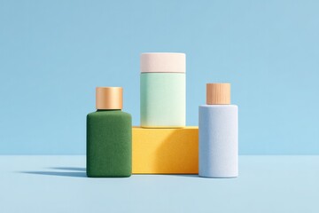 Poster - minimalistic display of bright promotional items against clean backdrop offering generous copy space