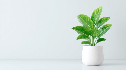 Poster - minimalistic interior scene with single green plant against white wall showcasing elegance and simplicity