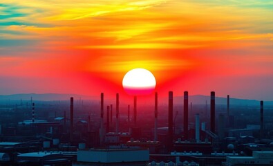 Fototapete - Industrial cityscape at sunset with smokestacks and vibrant sky colors depicting urban growth Vibrant Rim Light technology vibrant background colorful modern