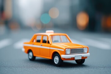 Poster - clean image of minimalist taxi cab in city street shot from distance with ample copy space on road around it showcasing