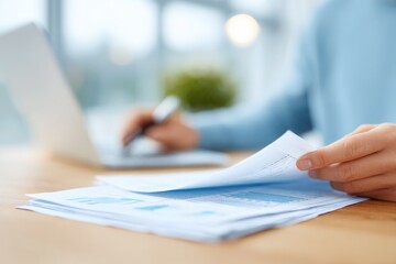 Poster - clean minimalistic image captures financial auditors in modern office environment as they meticulously review documents