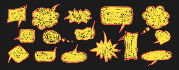 Poster - Set of quirky speech and thought bubbles in yellow wax with red outline on blackboard background. Charcoal texture and squiggle style ideal for kindergarten or school chat designs. Vector illustration