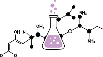 Chemical flask and molecular structure illustration showing laboratory science research and experimental chemistry concept in flat vector icon style
