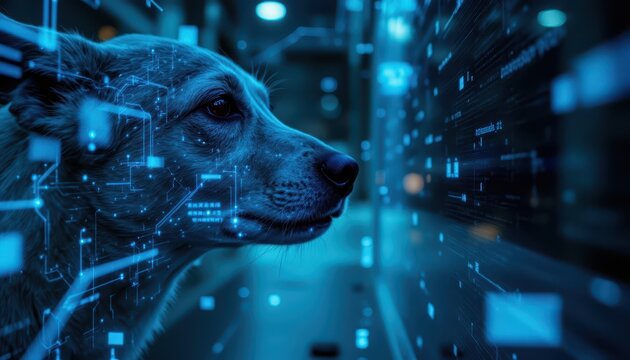 Curious canine captivated by the glow of the computer screen, a glimpse into the digital realm