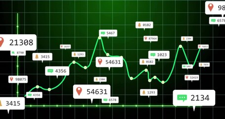 Poster - Flat data line hitting red pin, curving through icons and labels, visualizing market trends