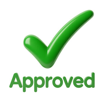 Green check mark and approved text isolated on transparent background