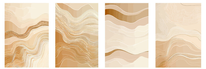 Poster - Set of four abstract minimalist beige and caramel wavy line backgrounds with organic flowing topographic and wood grain textures in flat vector style posters