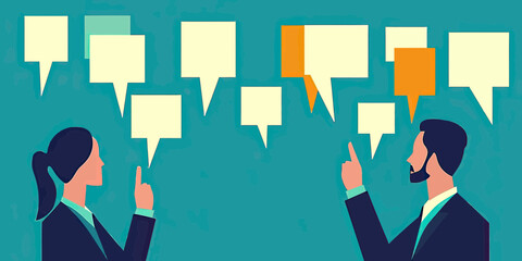 Poster - Business people discussing ideas with speech bubbles teamwork communication concept flat minimalist vector illustration in office setting