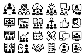 Poster - A comprehensive collection of business communication icons representing team collaboration, meetings, and innovative ideas for professional use