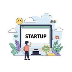 Poster - A creative illustration of a startup concept featuring a person engaging with a computer screen displaying the word startup surrounded by vibrant elements