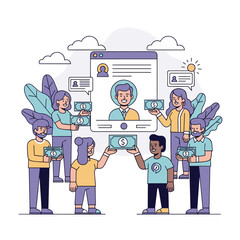 Poster - A group of individuals engaging in online financial transactions with digital currency illustrating modern e-commerce and virtual payment systems