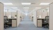 © David Zarzosa - Modern empty office with rows of cubicles under bright lighting in a corporate work environment.