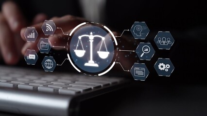 Poster - Futuristic digital law interface displaying justice scale, highlighting digital law, AI compliance, digital law systems, and digital law regulations for secure governance. Muxer