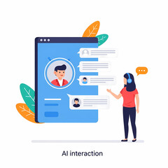 Fototapete - A woman with headphones interacts with an AI interface displaying profile pictures and chat bubbles on a blue screen, surrounded by green and orange leaves.