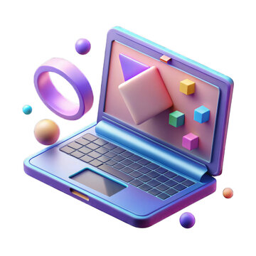Digital laptop with floating elements isolated on transparent background