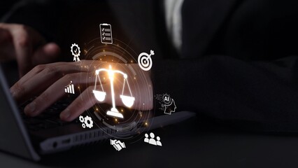 Poster - Futuristic digital law interface displaying justice scale, highlighting digital law, AI compliance, digital law systems, and digital law regulations for secure governance. Muxer
