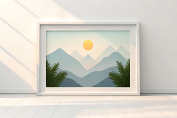 Poster - A framed landscape painting of mountains and sun is leaning against a white wall