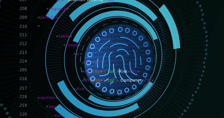 Poster - UI showing HTML code fading into HUD with fingerprint, rings and links pulsing for cyber security