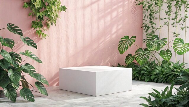White Cube Product Mockup on Marble Surface with Pink Background and Green Plants