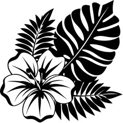 Fototapete - Exotic black and white floral design featuring hibiscus and monstera plants for tropical style projects and summer event promotions