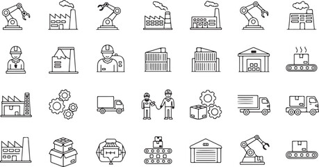 Collection of industrial and logistics icons in a line art style isolated on transparent background