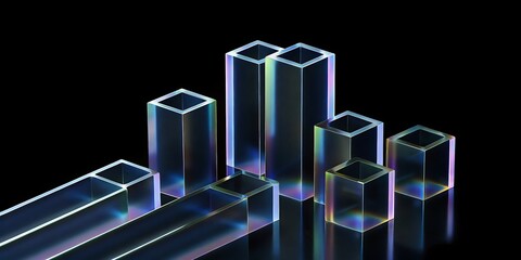 Poster - A group of iridescent square prism shapes are arranged on a black surface creating a modern and abstract composition