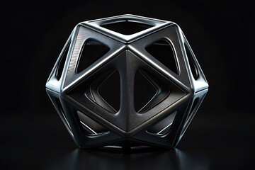 Poster - A metallic hollow icosahedron with triangular openings sits on a reflective black surface creating a modern and abstract design