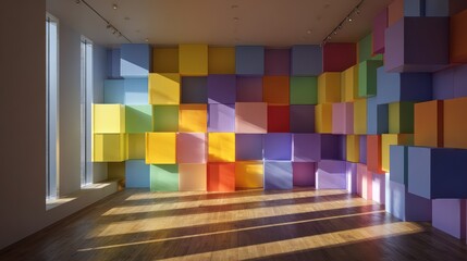 Poster - Sunlight illuminating room with colorful cubes stacked on wall