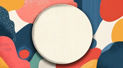 Poster - Abstract background design. Round frame with copy space on background with abstract geometric shapes pattern in Memphis style. Banner, poster template vector illustration, no logos, no brands