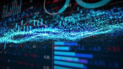 Poster - Blue particle stream sweeping from left edge, trend tracing, pie emerging, visualizing market data