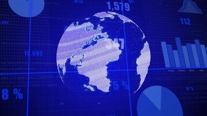Poster - Starting with globe rotating eastward on blue grid shifting bar charts pie chart updating analytics
