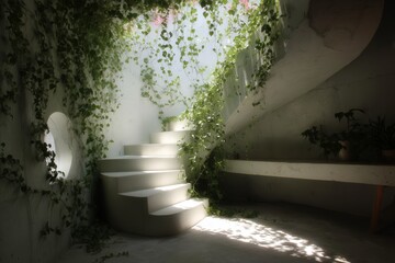 Poster - Curved staircase adorned with lush greenery in a sunlit interior showcases a blend of nature and minimalist design