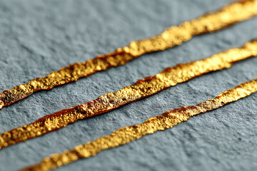 Poster - Golden textured thin lines on rough gray surface create elegant minimalist composition with warm light reflection