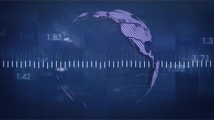 Poster - Row white bars moving on grid starting orange line tracing peaks rotating globe visualizing data