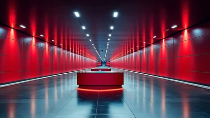 Abstract futuristic corridor with red walls and glowing lights in a perspective view