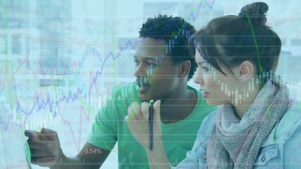 Poster - Pointing at laptop screen, man and woman analyzing finance charts with stylus in modern office