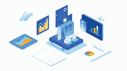 Aufkleber - Isometric illustration of data analysis with charts graphs and documents on a platform in blue tones