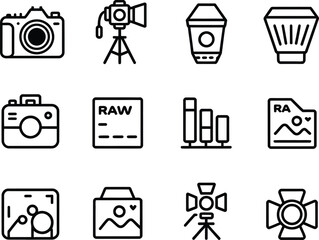 Fototapete - Collection of hand drawn photography icons including cameras lighting and editing tools