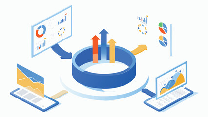 Aufkleber - Isometric view of data analysis with charts on screens and arrows pointing up through a blue ring