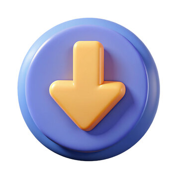 3d yellow down arrow icon on a round blue button