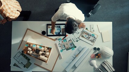 Poster - Time lapse of skilled business man and smart colleague design house together. Aerial view of architect engineer working and measuring building structure by using architectural equipment. Alimentation.