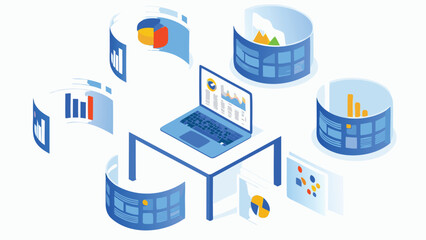 Aufkleber - Isometric view of a laptop on a table surrounded by curved screens displaying various data visualizations